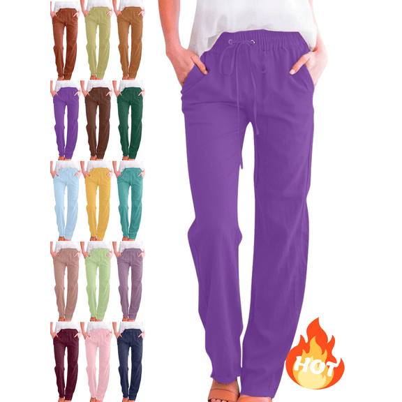 Mifsaly Linen Pants Women Drawstring High Waisted Straight Leg Casual Trousers with Pockets Lightweight Comfortable Soft Work Lounge Bottoms XL