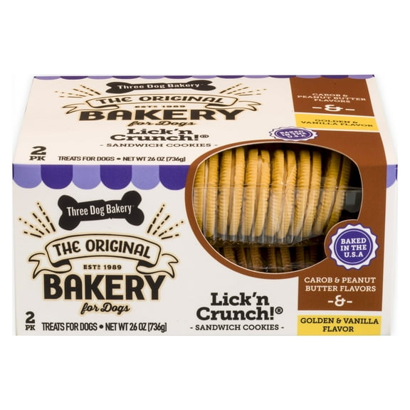 Three Dog Bakery Lick'n Crunch Sandwich Cookies, Carob and Peanut Butter and Golden and Vanilla Flavor, Crunchy Treats for Dogs, 26 oz. Box