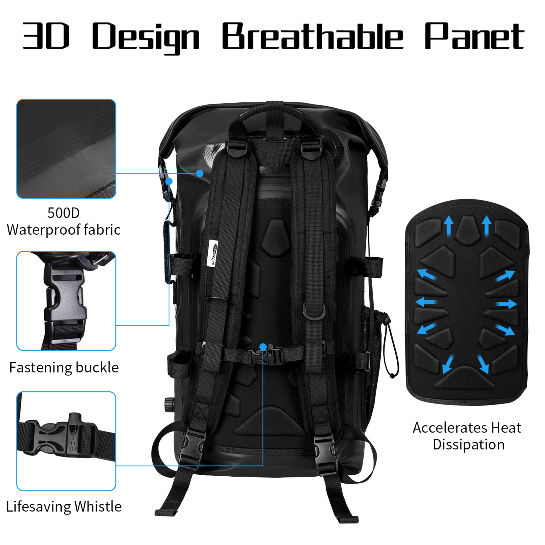 AFISHTOUR Dry Bag Waterproof Backpack, 45L Roll Top Floating Dry Backpack for Kayaking, Hiking, Camping, Travel (Black)