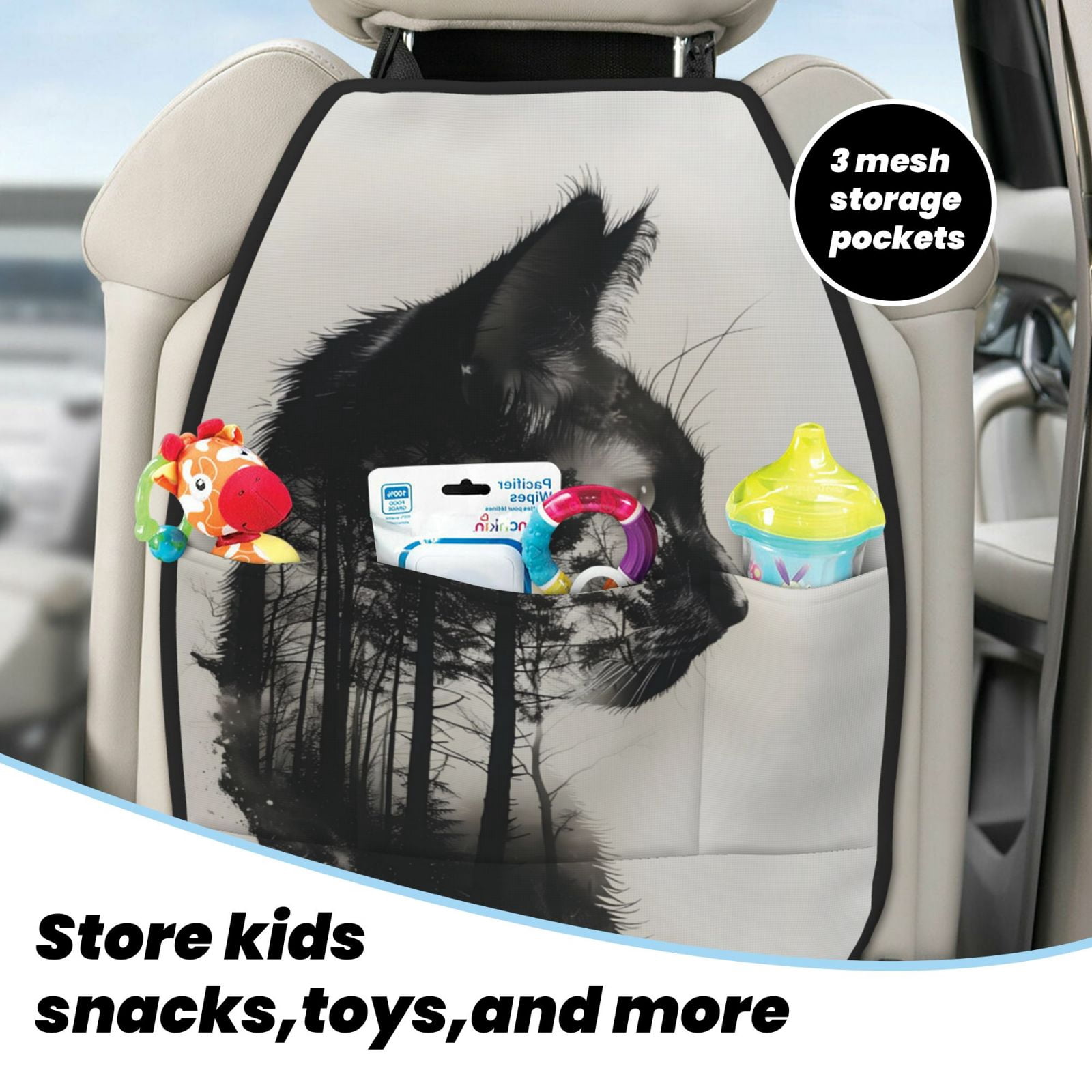 Kdxio Double Exposure Cat Forest Print 2 Pack Car Kick Mat Seat Cover Back Protector Mat with Pockets for Organizer Backseat Protector and Storage Anti Kick Pad for Vehicles