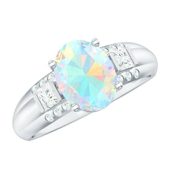 Rosec Jewels Oval Shape Ethiopian Opal Solitaire Ring with Diamond for Women - 8X10 MM, 925 Sterling Silver, US 4.00