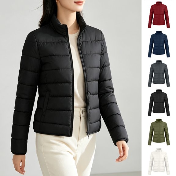 Smsaxvxz Women's Puffer Jacket Casual Quilted Packable Lightweight Zip Up Coats Long Sleeve Windproof Winter Warm Outerwear Black S