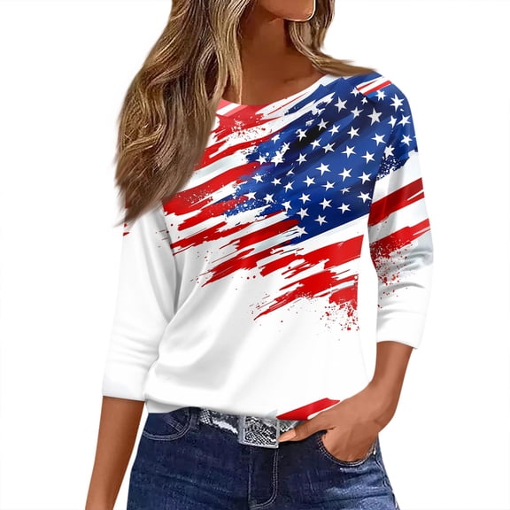Women's T-Shirts Patriotic Star Print 250th Anniversary USA Crew Neck 3/4 Sleeve Independence Day