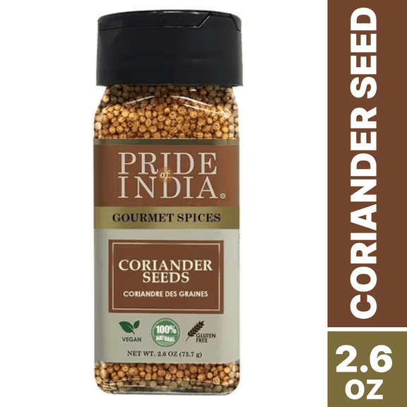 Pride of India – Coriander Seed Whole – Fresh & Gourmet Indian Whole Spice – Good for Curries/Meat/Chicken – Easy to Use – 1.4 oz. Small Dual Sifter Bottle