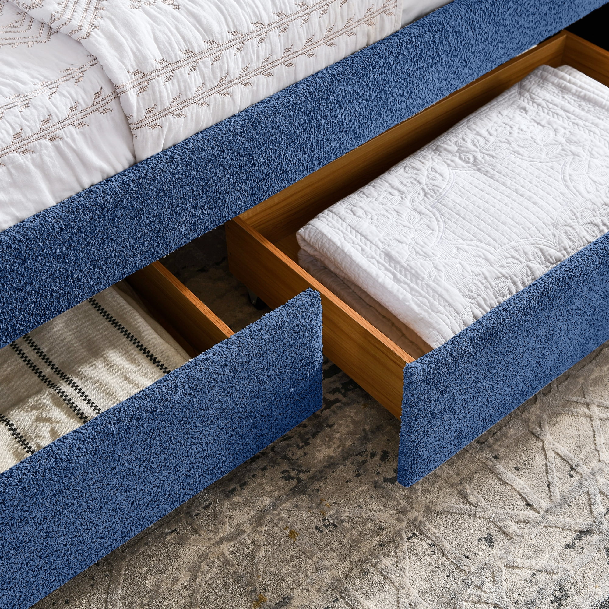 Mintazer Queen Upholstered Daybed with 2 Storage Drawers, Modern Sofa Bed for Living Room & Bedroom, Blue