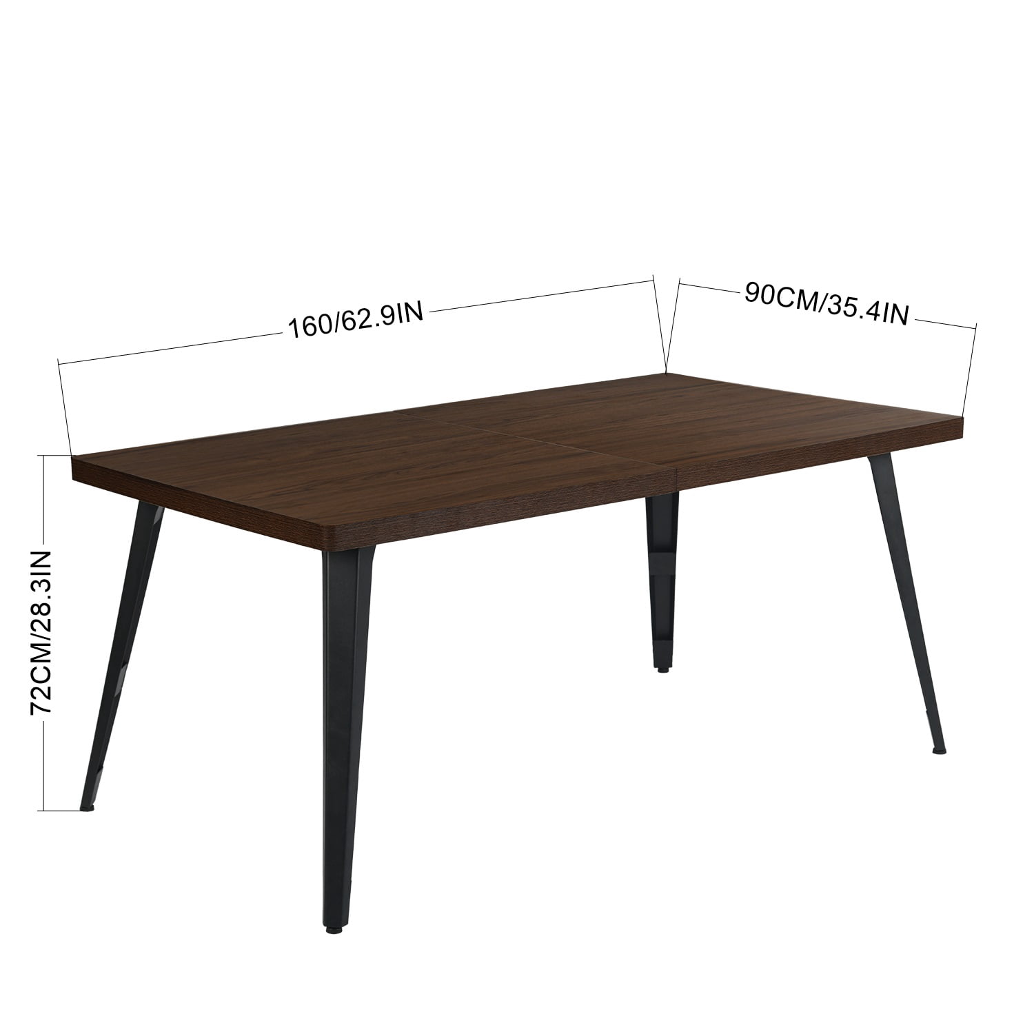 Dining Table for 6, Brown Wood Grain Tabletop Matte Flat Iron Legs, Minimalist Rectangular Table for Dining Room Living Room Office Workstation