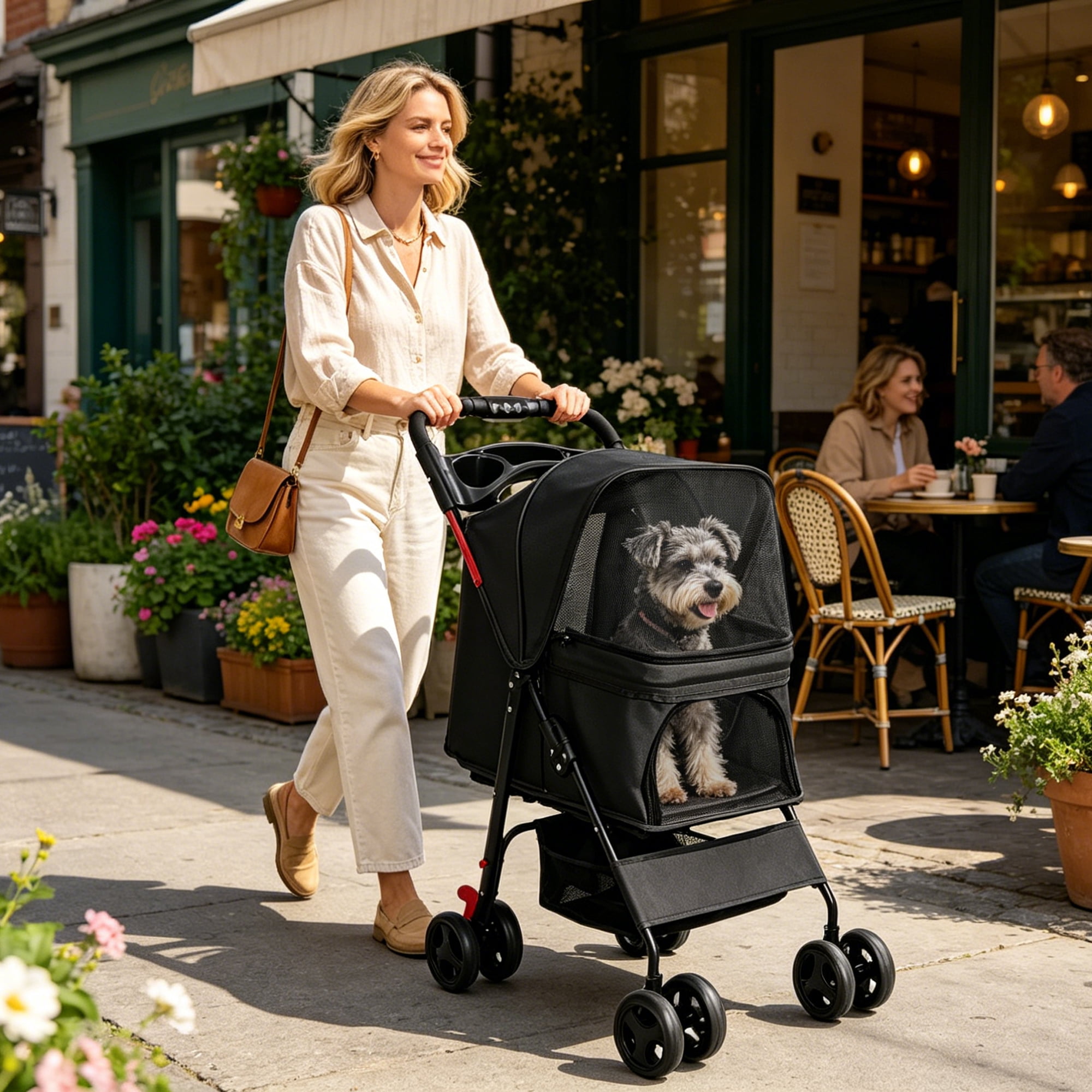 One-Click Foldable Black Pet Stroller for Small Dogs Cats, Holds Up to 28 LBS, Breathable Mesh, 360° Swivel Lockable Wheels, Storage Tray & Basket for Daily Walk Vet Travel