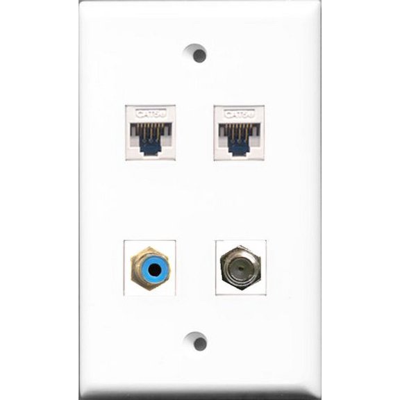 RiteAV - 1 Port RCA Blue and 1 Port Coax Cable TV- F-Type 2 Port Cat5e Ethernet White Wall Plate