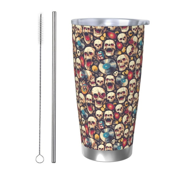 Rateoe rock record music Skull Printed Car Guy Gifts for Men Women Tumbler - 20oz/590ml Double Wall Vacuum Insulated Stainless Steel Travel Tumbler Cups with Lid & Straw-Straw Two-piece Set