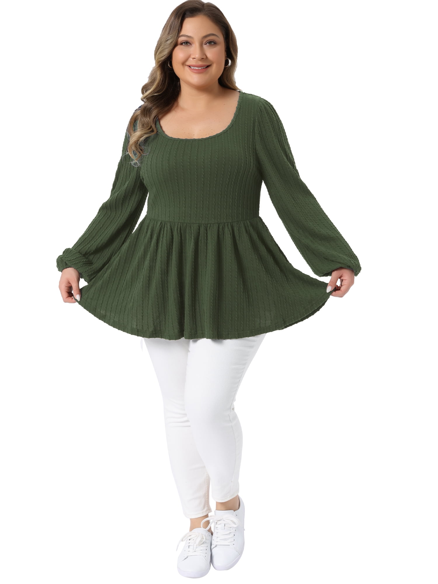DARING DIVA Women's Plus Blouses Scoop Neck Ruffle Hem Peplum Knit Top 4X Army Green
