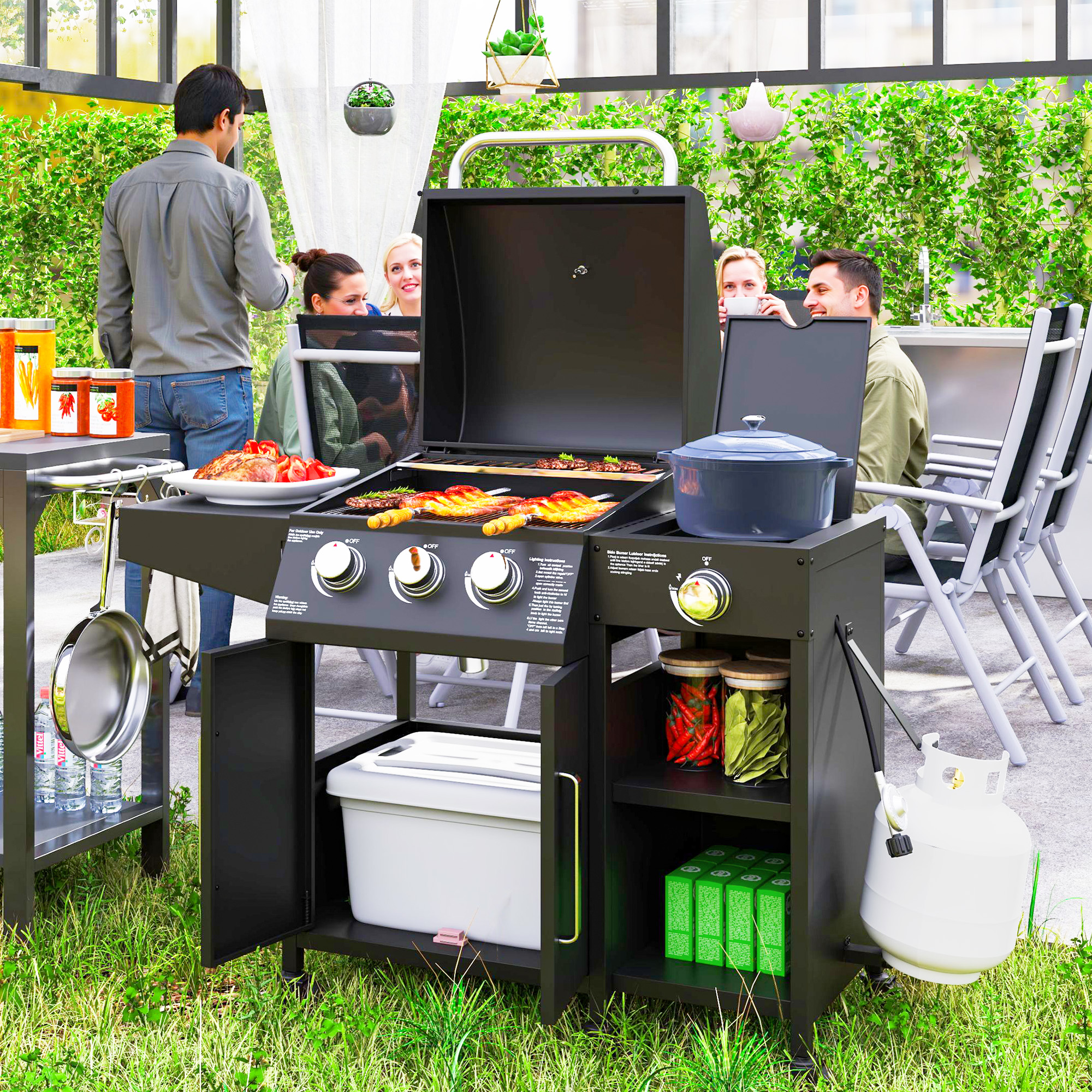 Outsunny 3 Burner Gas Grill with Side Burner, 9.5 KW Output, 310 Sq. in. Cooking Area, Cabinet Style Propane BBQ Grill with Shelves, Black