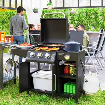 Outsunny 3 Burner Gas Grill with Side Burner, 9.5 KW Output, 310 Sq. in. Cooking Area, Cabinet Style Propane BBQ Grill with Shelves, Black