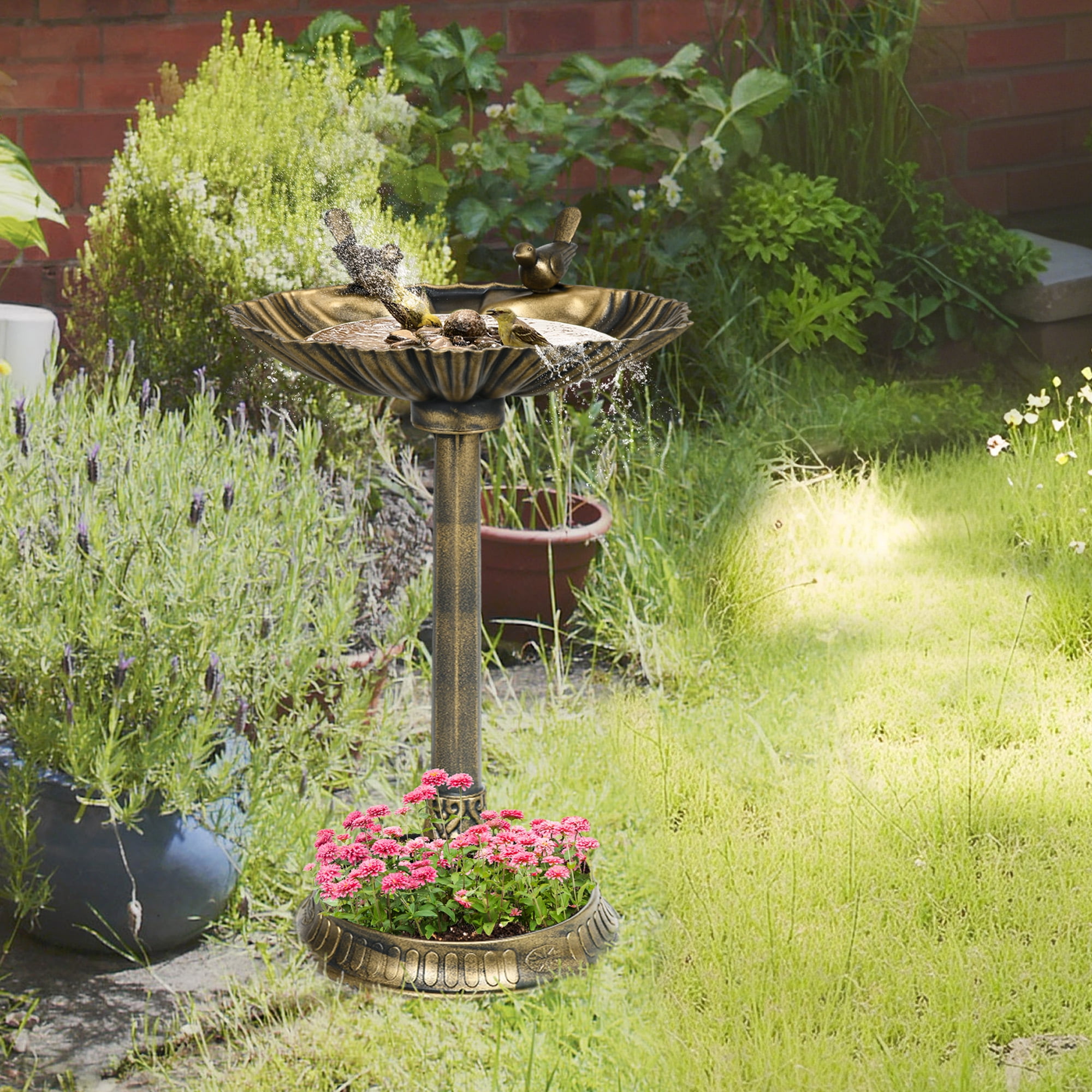 DUOSONG Outsunny 32" Antique Bird Bath With Pedestal Flower Planter Base, Vintage Style Decorative Birdbath, Bird Feeder Bowl & Planter Decoration Yard Statue, Bronze Bronze Polypropylene Other