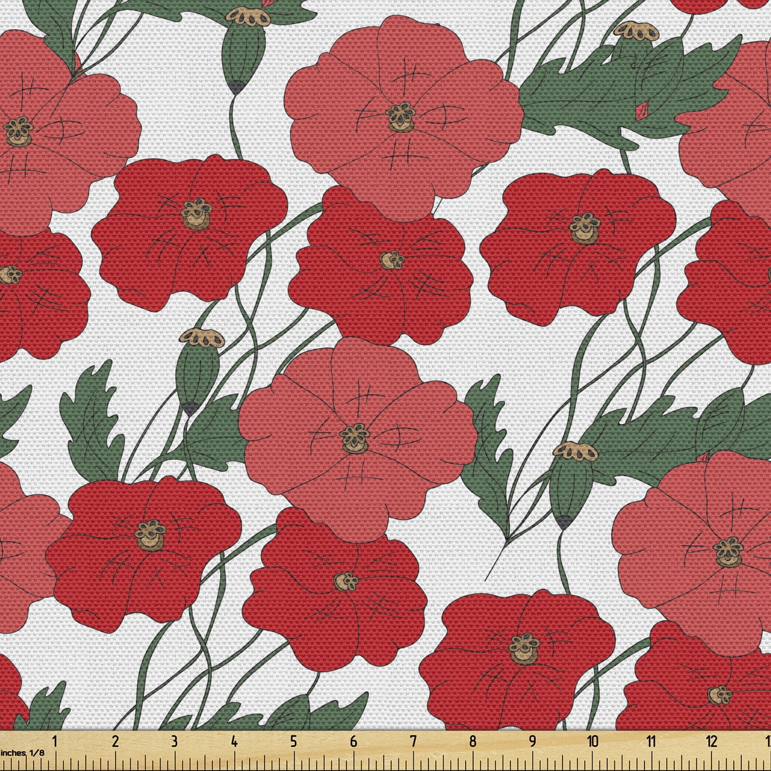 Poppy Flower Fabric by the Yard Composition with Blossomings of Spring Season Hand Drawn Pattern