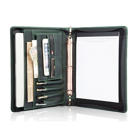 AZXCG Top Grain Padfolio for Men Leather Document Organizer with 3 Ring Binders Legal Pad Resume Holder Work Binder Folder Zip Binders 3 Ring Green Gift for Men/Son