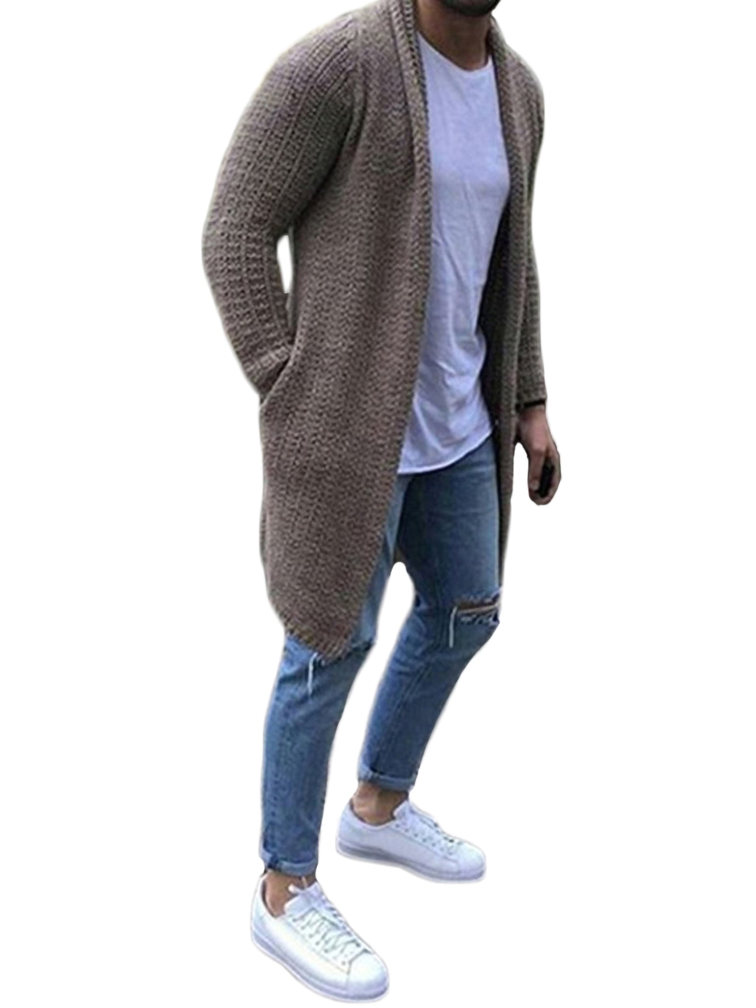 Mens Cardigan Long Shawl Collar Sweater Chunky Knit Slim Fit Autumn Winter Open Front Jacket Knitwear with Pockets