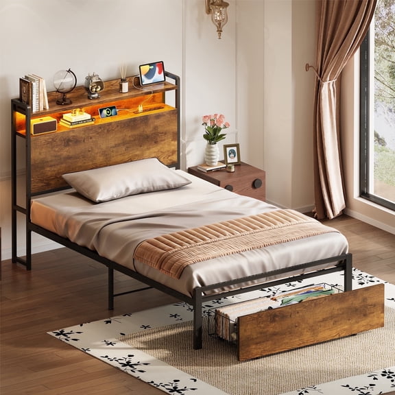 Casacomoda Twin Size Bed Frame with Storage Headboard, Metal Platform Bed Frame with Storage Drawer, Bed Frame with Charging Station & LED Light, No Box Spring Needed, Vintage and Black