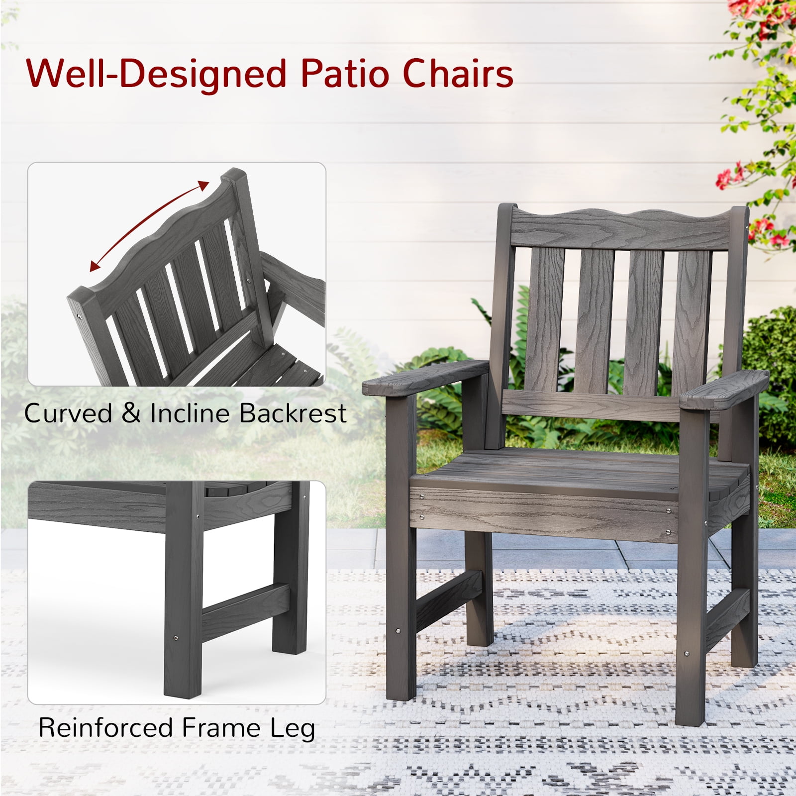 Stoog Patio Chair Set of 2, Outdoor Garden Chairs Bistro Chairs with Backrest, All-Weather Dining Chair Set, 400 lbs Weight Capacity, Gray
