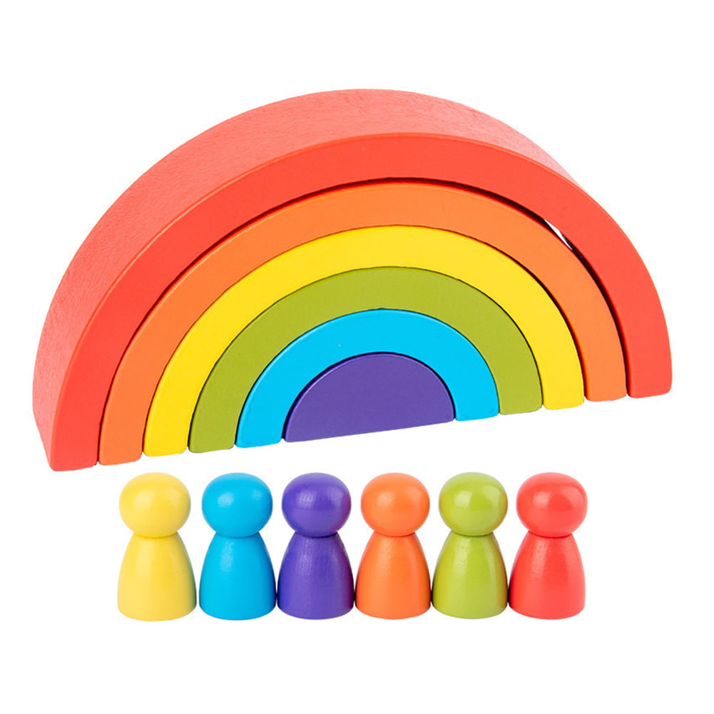 Rainbow Stacker Puzzle Blocks Wooden Pcs Color Shape Matching Jigsaw Montessori 