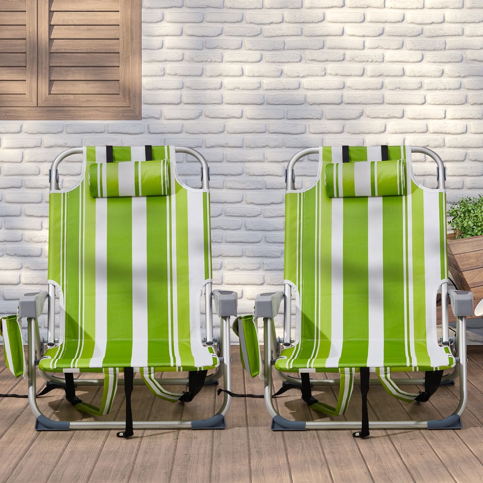 Folding Beach Chair - Lightweight Aluminum Frame, 5-Position Adjustable Back (Lay Flat), Storage Pouches & Cup Holder, for Outdoor Activities, Camping, Picnics, Green Stripes