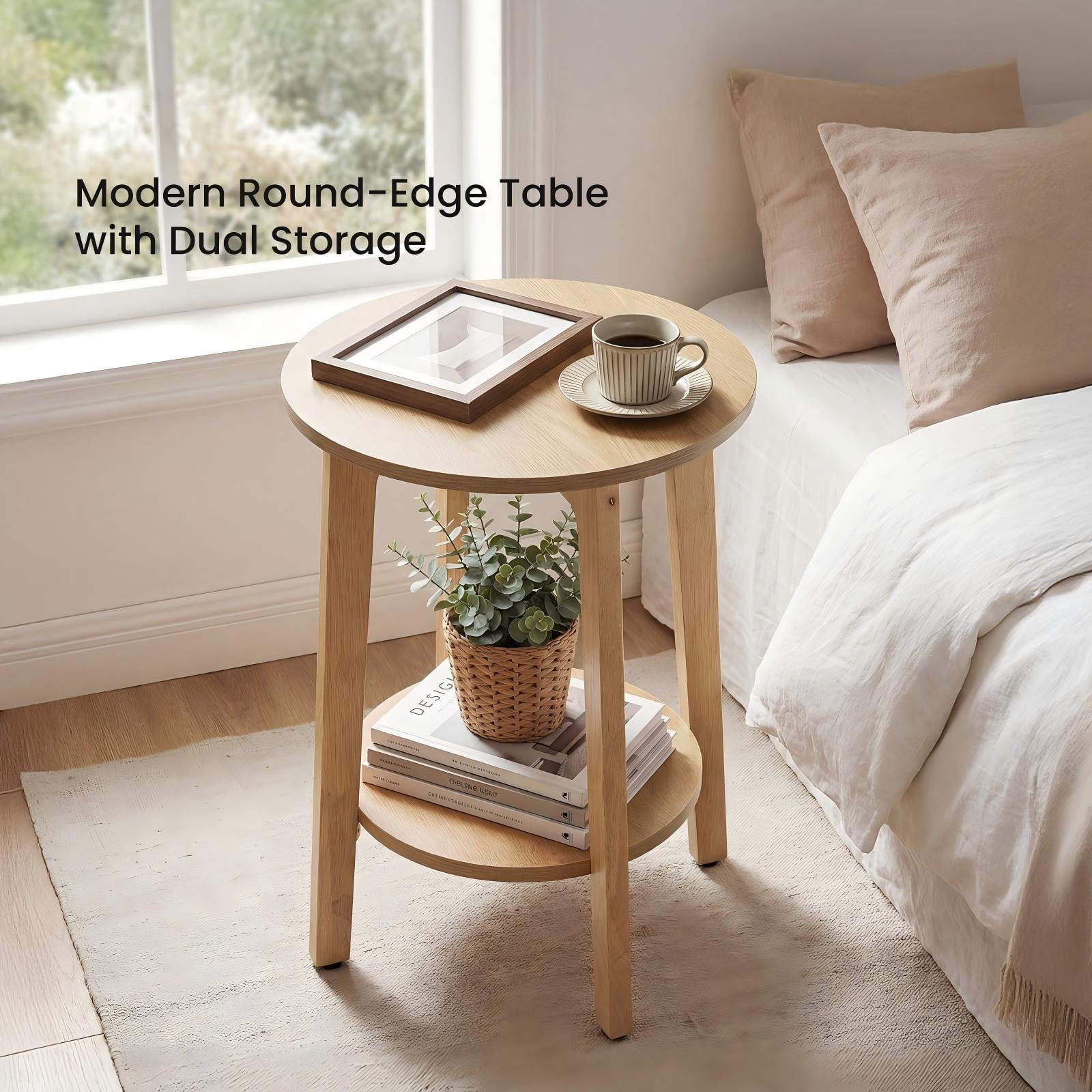 CONCETTA Bedside Nightstand, 2-Tier Round Side Table with Tapered Legs, Small End Table for Bedroom, White Wood
