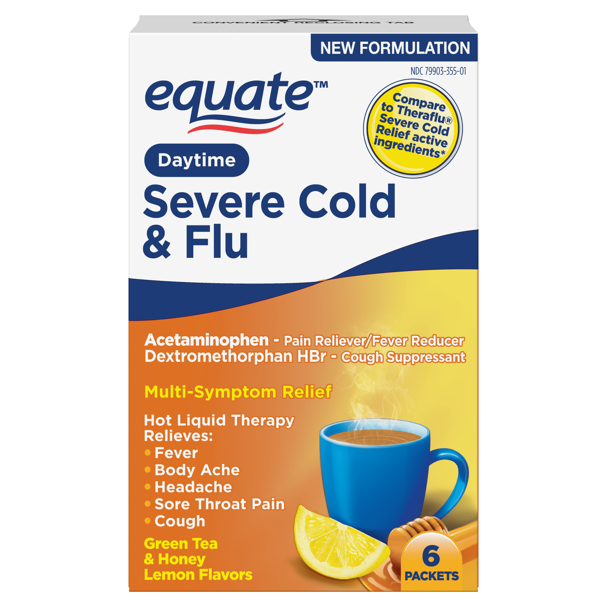 Equate Daytime Severe Cold and Flu Relief, Green Tea and Honey Lemon Flavors, 6 Packets