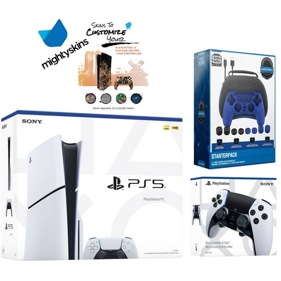 Sony PlayStation 5 Slim Disc with Extra EDGE Controller, Pro Gamer Starter Kit and MightySkins Decal Voucher
