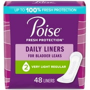 Poise Daily Incontinence Panty Liners, 2 Drop, Very Light Absorbency, Regular, 48 Count