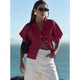 thumbnail image 2 of Womens Oversized Cardigan Short Sleeve - Button V Neck Casual Knit Sweater Outerwear Wine Red S, 2 of 5