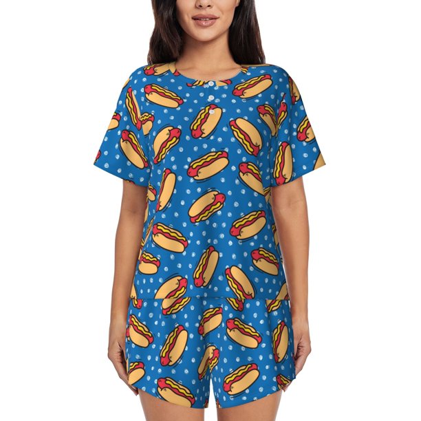 Balery Hot Dog 1 Conjunto de Pijama para Mujer con Estampado, Dos Piezas de Manga Corta y Shorts, Ropa de Dormir Suave con Cuello Redondo y Bolsillos-3X-Large