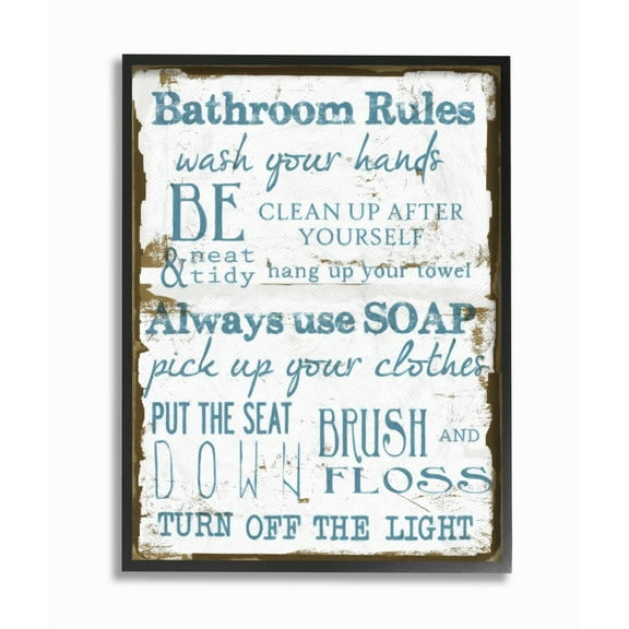 Stupell Industries Brown and Blue Classic Bathroom Rules Graphic Art Black Framed Art Print Wall Art, 11x14, by Taylor Greene
