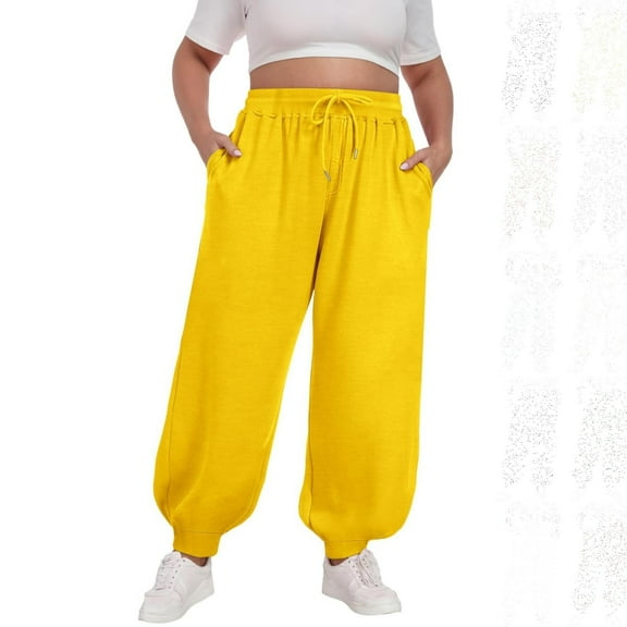 DPTALR Women's Plus Size Fashion Summer Solid Casual Pocket Pants With Bandage Elastic Waist,Yellow,Size L