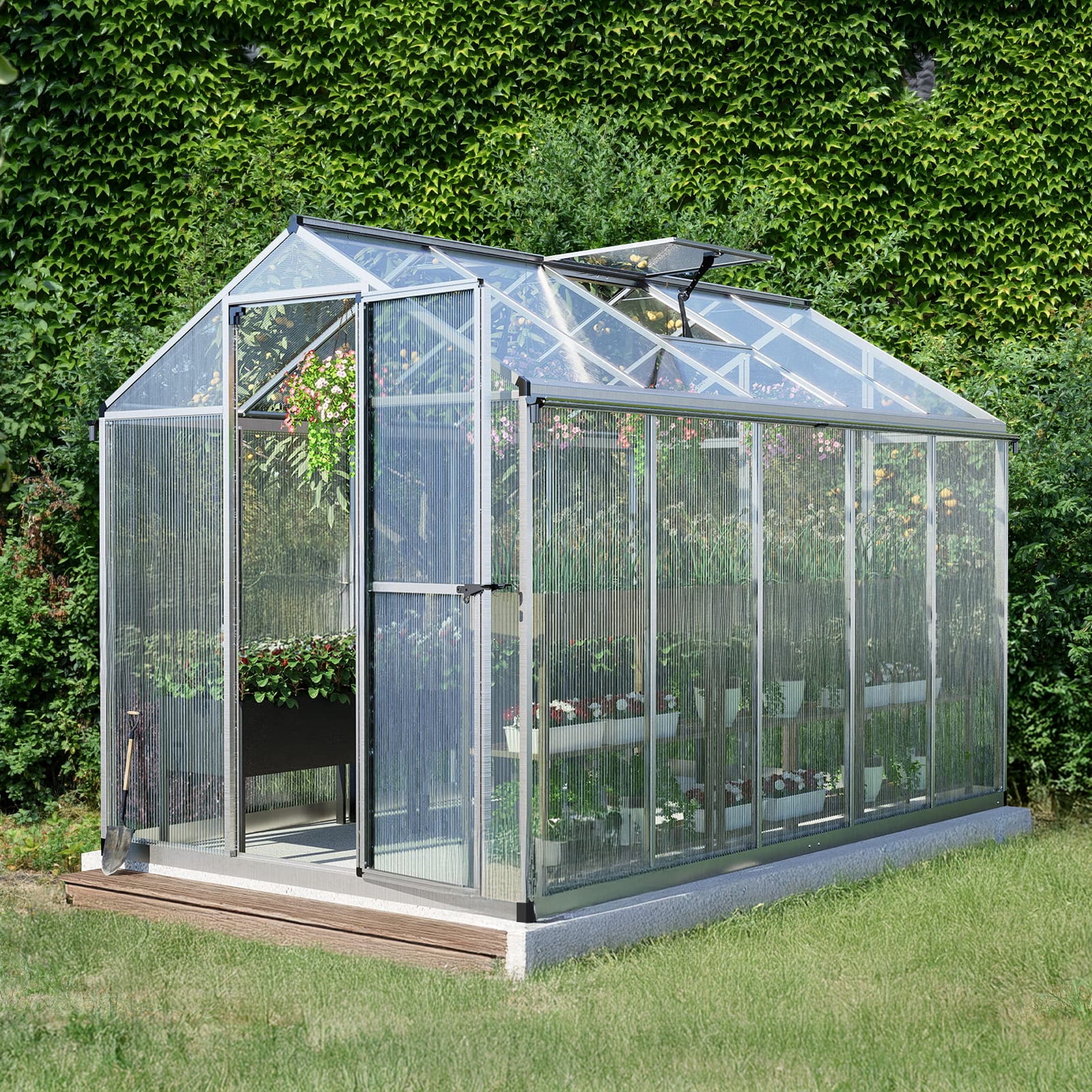Aoodor 6' x 10' Outdoor Greenhouse, Walk-in Polycarbonate Greenhouse with Aluminum Frame for Outside Backyard, Silver