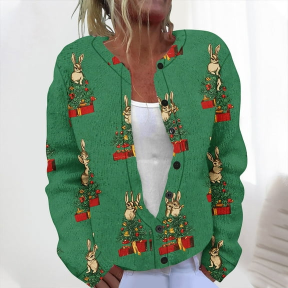 Cutuoiiu Women's Casual Christmas Vintage Print Long Sleeve Cardigan Button Coat Gifts