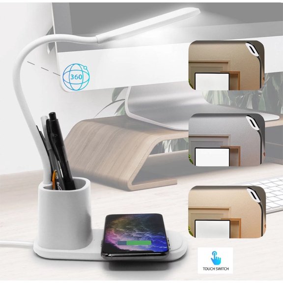 TIFOR U-Light LED Desk Lamp with Wireless Charger Dimmable Eye-Caring Desktop Lamp with Organizer & 3 Brightness Levels White