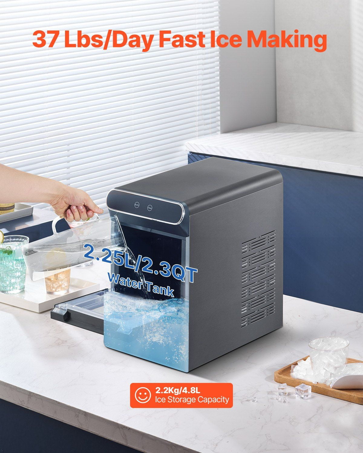 37Lbs/24H Countertop Nugget Ice Maker with Self-Cleaning Function, Includes Scoop Basket – Ideal for Home & Commercial Use