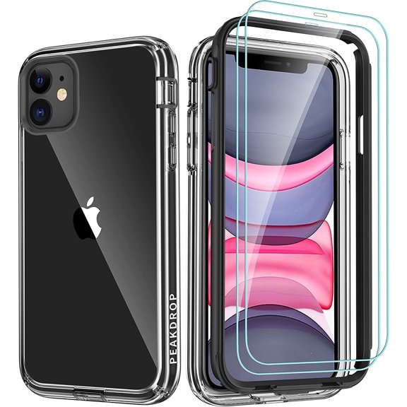 PeakDrop Compatible with iPhone 11 Case, Clear Full Body Heavy Duty Protective Case Transparent Cover Designed for iPhone 11 (2X Glass Screen Protector Included) (6.1 inch, 2019) - Black