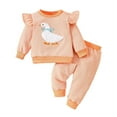 thumbnail image 2 of Placlothes Kids Girl Two-Piece Outfit 100% Cotton - Orange Striped with Duck Appliqué, Ruffled Sleeves, Long Sleeve Top + Elastic Waist Pants, Soft for 0-3 Years Kidss,Size 12 Months, 2 of 9