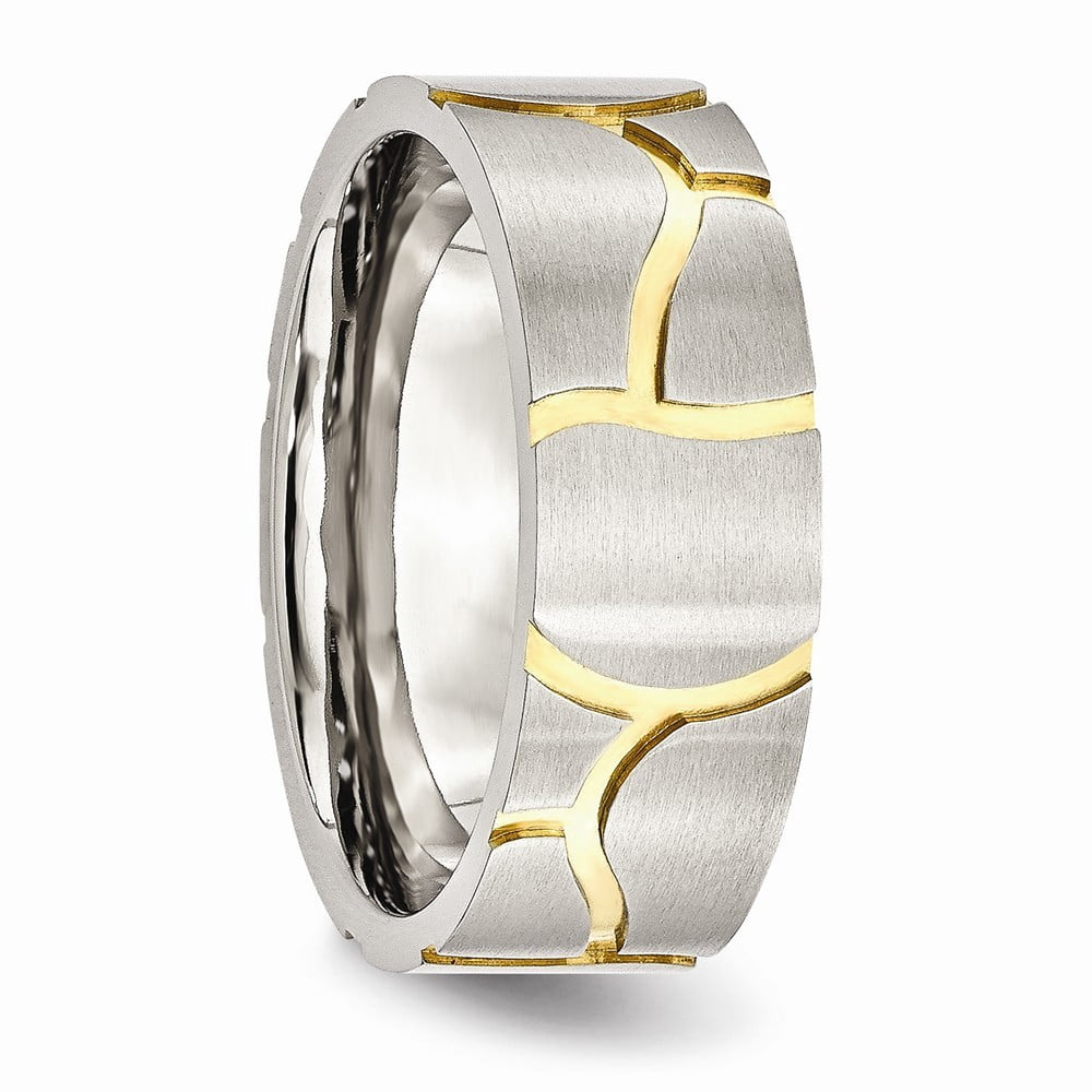 Stainless Steel Satin and Grooved Gold-Flashed Mens 8mm Band Ring - 7.6 Grams - Size 13