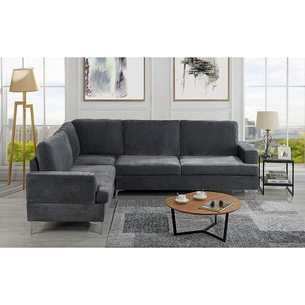 Velvet Sectional Sofa, Classic Living Room L-Shape Couch (Dark Grey
