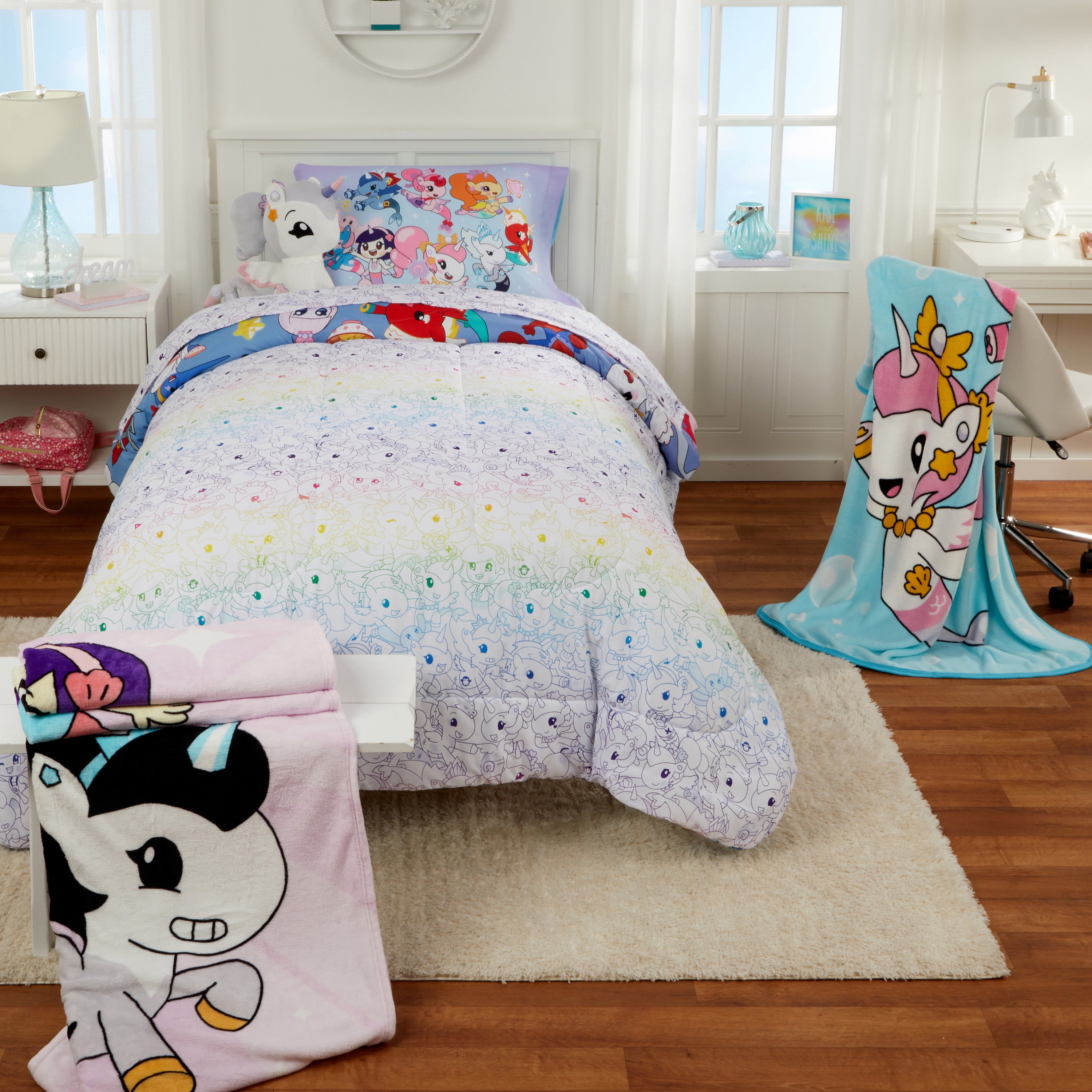 Mermicorno Starfall Kids 4 Piece Blue Reversible Comforter, Pillowcase, and Sheet Set, Twin