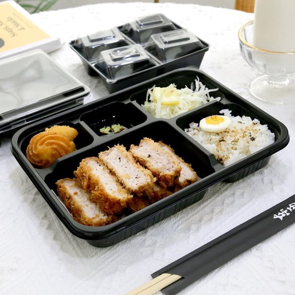 5 Compartment Meal Prep Containers with Lids - 50 Pack Plastic Bento Boxes Stackable Reusable Microwave Safe