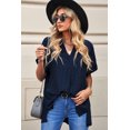 thumbnail image 2 of ABPHQTO Camisa de manga corta con cuello en V suelta con estampado a cuadros azul marino para mujer con aberturas, 2 of 5