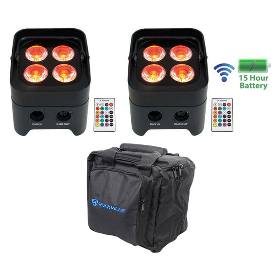 (2) Rockville BEST PAR 50 Rechargeable Par Wash Lights Wireless DMX RGBWA UV Bag