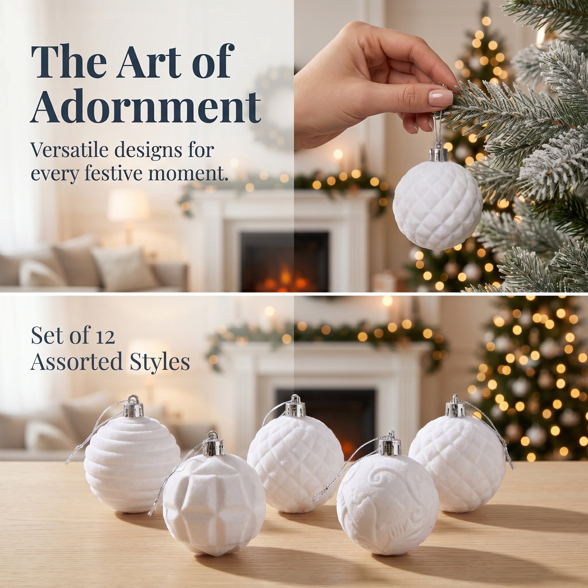 Unique Bargains Velvet Christmas 12 Pack Flocked Sphere Orbs Luxury Ornaments White 2.4"