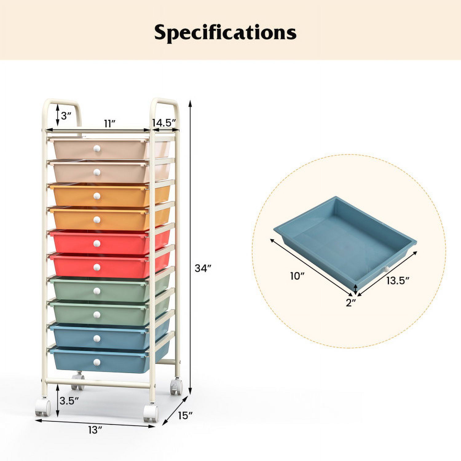 Spaco 10 Drawer Rolling Storage Cart Organizer with 4 Universal Casters-Macaron Multicolor, Craft Organizers and Storage, Multipurpose Organizer Cart for Home, Office, School