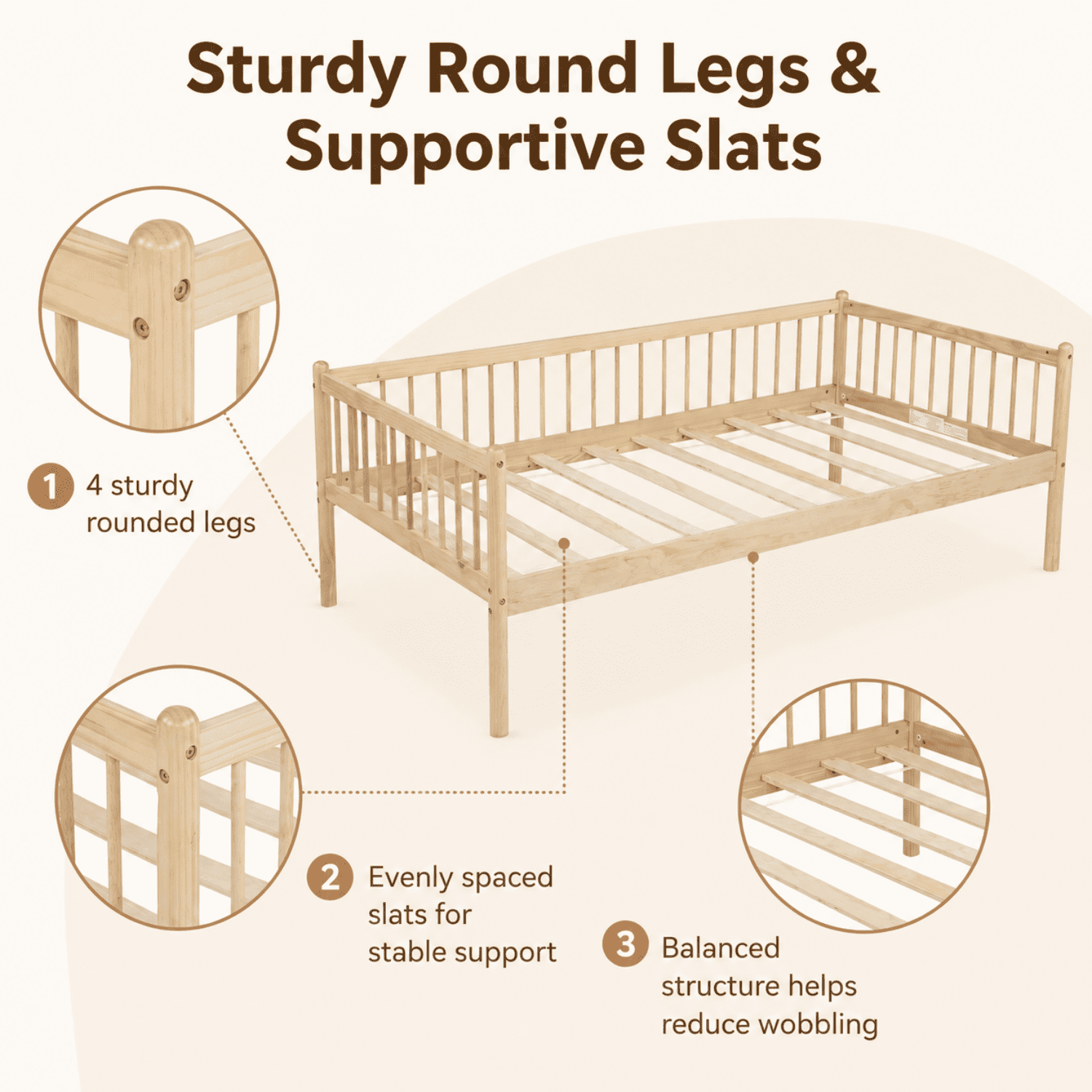 Miniyam Twin Wooden Daybed with Spindle Guardrails, Solid Pine Wood Bed Frame, Natural