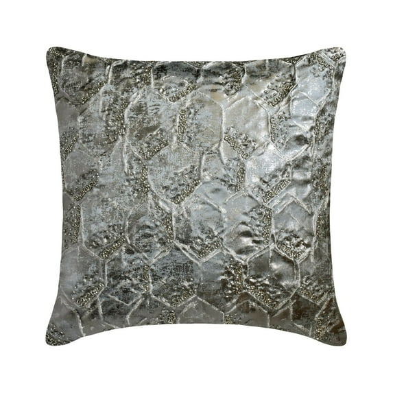 The HomeCentric Decorative Blue & Silver 24"x24" (60x60 cm) Pillow Cases, Jacquard Foil, Textured,Geometric Pattern & Beaded Throw Pillows For Sofa, Geometric Pattern Modern Style - Burnished Silver