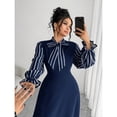 thumbnail image 5 of Navy Blue Plus Size Womens Elegant Long Sleeve Striped Tie-Neck Flared A-Line Dress For Autumn Winter Outings, 5 of 8