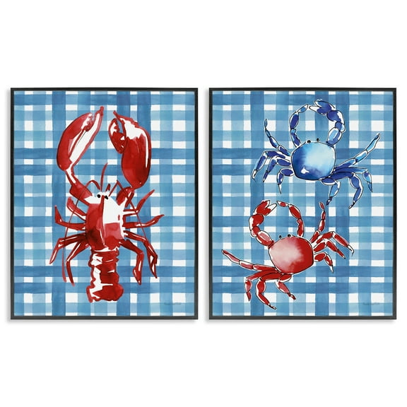 Stupell Industries Coastal Cuisines on Plaid Animals Painting Black Framed Art Print Wall Art, 11 x 14, Set of 2